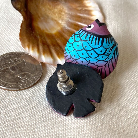 Carved Fish Wooden Earrings - Pierced Hand Painte… - image 4