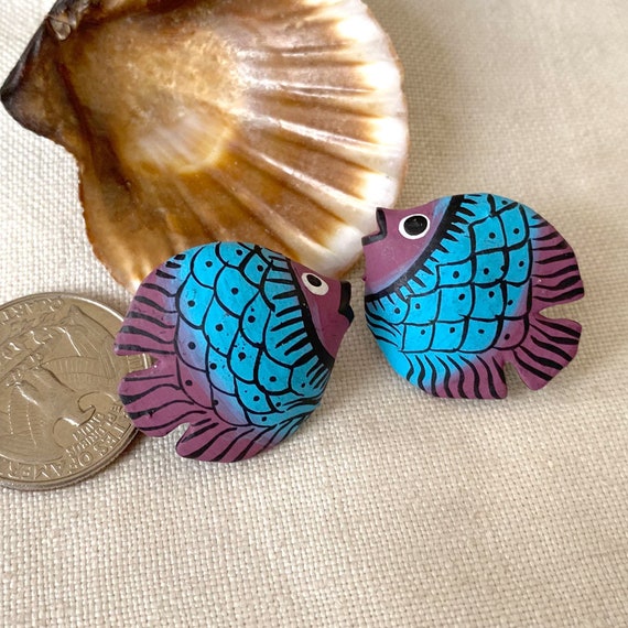 Carved Fish Wooden Earrings - Pierced Hand Painte… - image 3