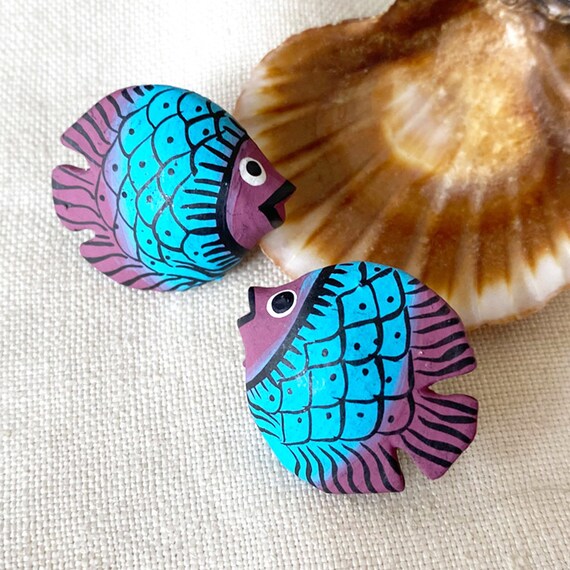 Carved Fish Wooden Earrings - Pierced Hand Painte… - image 1