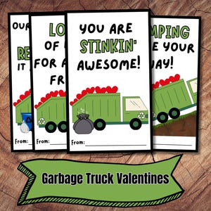 Może przedstawiać: Cztery drukowane kartki walentynkowe z zielonym śmieciarzem z czerwonymi sercami. Kartki mówią "Jesteś niesamowicie super!" "Wszystkie nasze serca są dla ciebie!" "Kocham cię od dawna!" i "Wyrzucam ci całą moją miłość!"