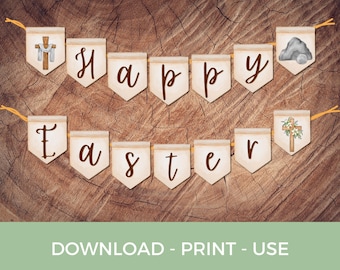 May include: A printable banner with the words "Happy Easter" in brown text on a white background. The banner is decorated with images of a cross, a stone, and flowers.