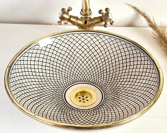 Handcrafted Ceramic Vessel Sink with Antique Brass Finish Rim l Trim - Custom Made Fish-Scale Bathroom Vessel Basin