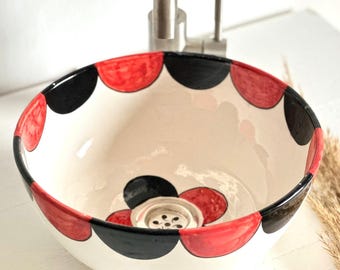Custom Hand-Painted Red & Black Floral Ceramic Vessel Sink – Mediterranean Bathroom Basin