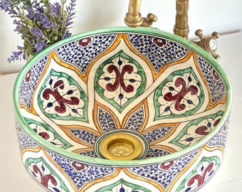 Custom Ceramic Colorful Bathroom Sink Basin - Mediterranean Floral Vessel Basin, Round Countertop Bathroom Sink