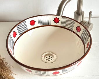 Custom Made Handcrafted Ceramic Vessel Sink with Red Star Accent Design