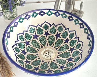 Ceramic Round Vessel Sink – Blue & Green Hand-Painted Bathroom wash basin – Custom Made
