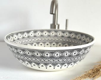 Custom Made Ceramic Vessel Sink – White and Black Artisan Design Bathroom Sink