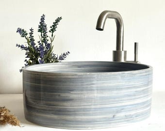 Custom Concrete Charcoal Gray Vessel Bathroom Sink – Minimalist Grey Stone Bathroom Vessel Basin