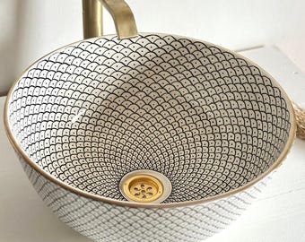 Customized Ceramic Fish Scales Bathroom Sink Basin With Gold Luster Rim