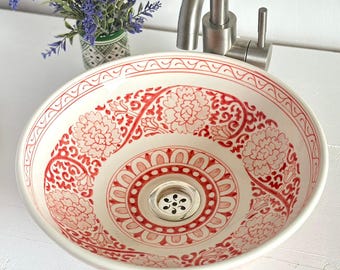 Decorative Artisan Hand-Painted Ceramic Vessel Sink – Red Floral Vessel Bathroom Basin