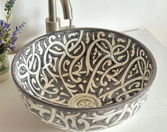 Custom Made Hand-Painted Decorative Ceramic Vessel Sink | Round Gray Bathroom Basin
