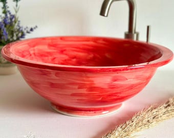 Red Hand-Finished Ceramic Sink – Drop in or Vessel Bathroom Minimalist Plain Color Sink - Custom Made Bathroom basin