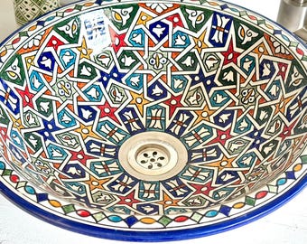 Handcrafted Ceramic Vessel Sink - Custom Drop In or Unerdmount Geometric Pattern in Blue, Green & Red Decorative Bathroom Basin