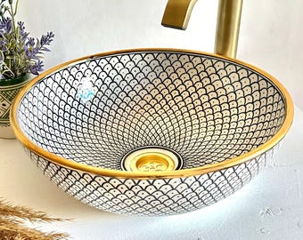 Custom Made Bathroom Sink Basin With Gold Luster Rim - Black Vessel Sink