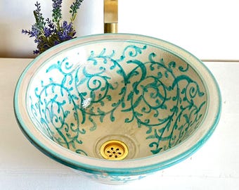 Custom Artisan-Made Ceramic Vessel Sink –  Turquoise Floral Ceramic Drop in Bathroom Sink