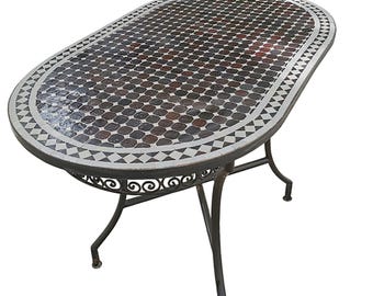 Custom Moroccan Zellige Oval Table: Mid-Century Modern Patio Furniture