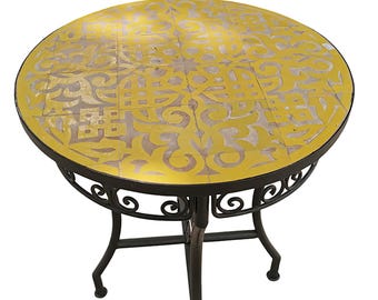 Custom Engraved Zellige Yellow Table - Handmade Mosaic Outdoor & Indoor Table