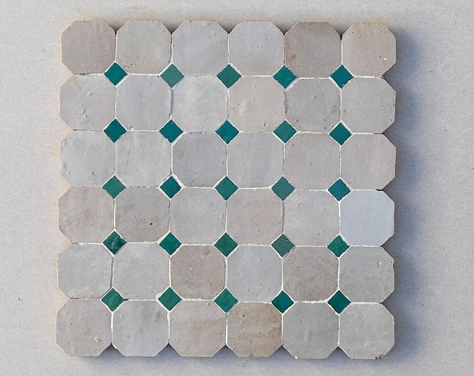 Featured listing image: Handcrafted White Octagon Zellige Mosaic Tiles with Green Dots