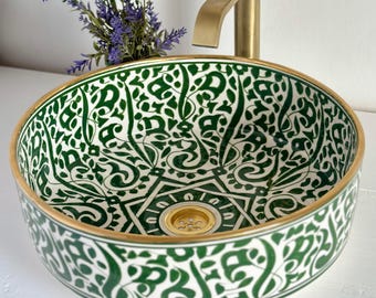 Custom Ceramic Green Bathroom Sink Basin & Gold Luster Rim