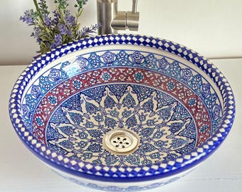 Hand-Painted Ceramic Vessel Sink – Blue Floral Design Bathroom Basin