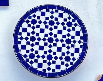Handmade Round Mosaic Table Top: Blue Star & Diamond Geometric Accent