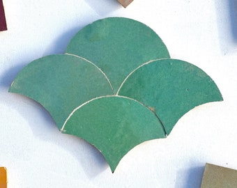 Handmade Verdant Jade Green Fish Scale Zellige Tiles: 4" Moroccan Mermaid Scales