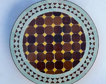 Custom Zellige Mosaic Table Top: Brown, Yellow & Sage Green