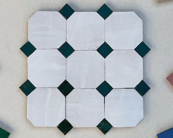 Custom White Octagon & Green Dot Zellige Tiles: Moroccan Mosaic