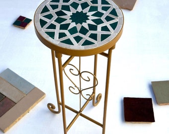 Handcrafted Zellige Mosaic Side Table: Green & White Geometric Accent