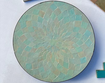 Handmade Sage Green Zellige Mosaic Table Top - Custom Celadon Accent
