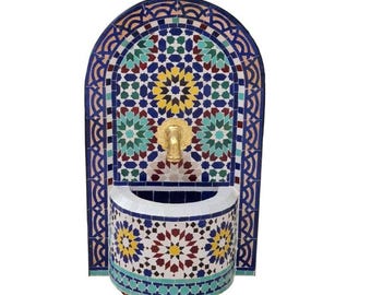 Handmade Moroccan Zellige Tile Fountain: Brass Spout, Patio & Garden