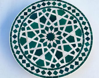 Handmade Emerald Green Mosaic Table Top: Geometric Zellige Tile Art