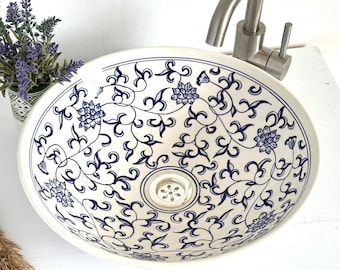 Ceramic Vessel Sink – White and Blue Floral Design Bathroom Basin