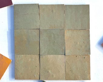 Handcrafted Olive Zellige Tiles: Muted Grayish-Green, 4x4 Moroccan Tile