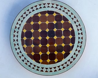 Handmade Zellige Mosaic Table Top: Brown, Yellow, Sage Green