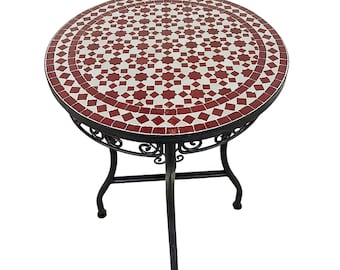 Custom Made Round Red & White Zellige Tiles Table – Handmade Mosaic Coffee Table
