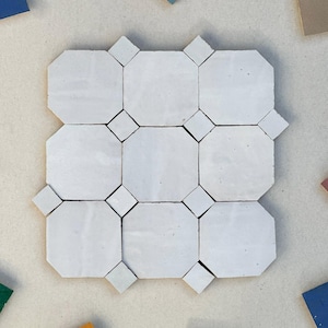 Custom Classic 4&quot; x 4&quot; White Octagon & White Dot Zellige Tiles - Geometric White Mosaic Tiles