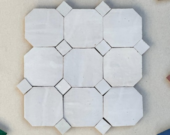 Custom White Octagon Zellige Tiles, White Tiles & Offwhite Dots, 1.4 Square Meter + 24 White 4 x 4 Tiles