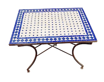 Handmade Zellige Mosaic Dining Table: Blue & White Tile, Wrought Iron Base