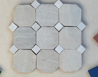 Handmade Moroccan Zellige Tile: Off White Octagon & Red Dot Mosaic