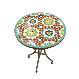 Custom Made Round Mosaic Table– Colorful Hand-Laid Tiles in Yellow, Blue, and Red for Indoor & Outdoor Spaces
