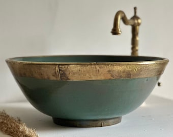Handcrafted Ceramic Vessel Sink – Rustic Sage Green Handmade Bathroom Basin, Modern Vanity Sink, Antique Brass Rim