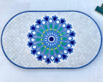 Handcrafted Zellige Mosaic Table Top: Blue, Green, and White Oval Accent Table