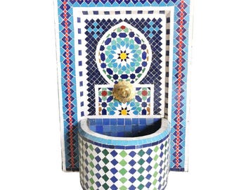 Handmade Moroccan Zellige Tile Fountain: Brass Spout, Patio & Garden