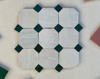Classic 4" x 4" Off White Octagon & Green Dot Zellige Tiles