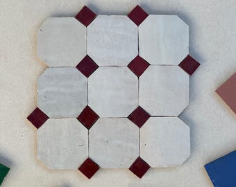 Off White Octagon & Red Dot Zellige Tiles: 4" Moroccan Mosaic