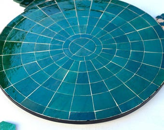 Handmade Green Zellige Mosaic Table Top: Moroccan Artistry