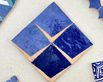 Hand-Chiseled Blue Zellige Tile: Geometric Diamond Design (4" x 4")