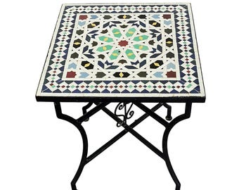 Square Zellige Mosaic Side Table – Custom Handmade Tile Accent Indoor Outdoor Table