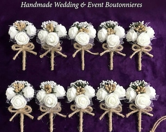 Set of 10 White Polka Dot Boutonnieres, Handmade Wedding Groomsmen Lapel Flower Accessory